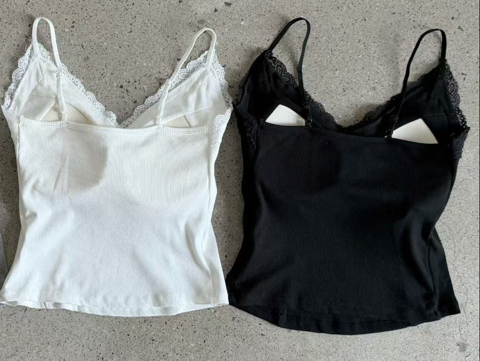 【Essential】The Muse Lace-Trimmed Camisole Bra Top ｜ 法式浪漫蕾絲拼接細肩帶背心