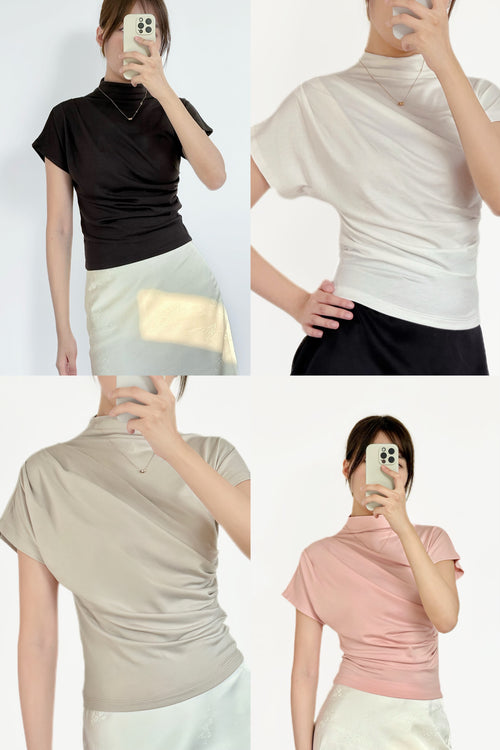 The Asymmetric Cowl Neck Tee｜斜高領抓皺修身上衣